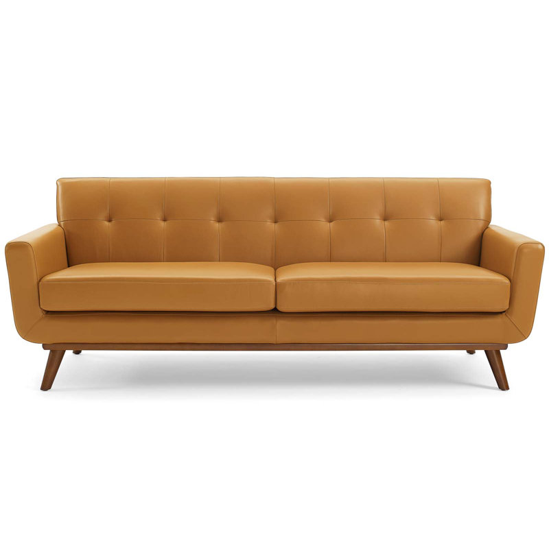 Tan Genuine Leather Tufted Sofa with Wood Legs