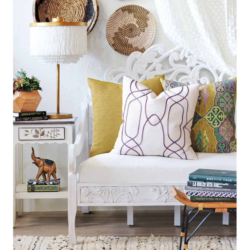 White Linen Square Throw Pillow with Raspberry Applique