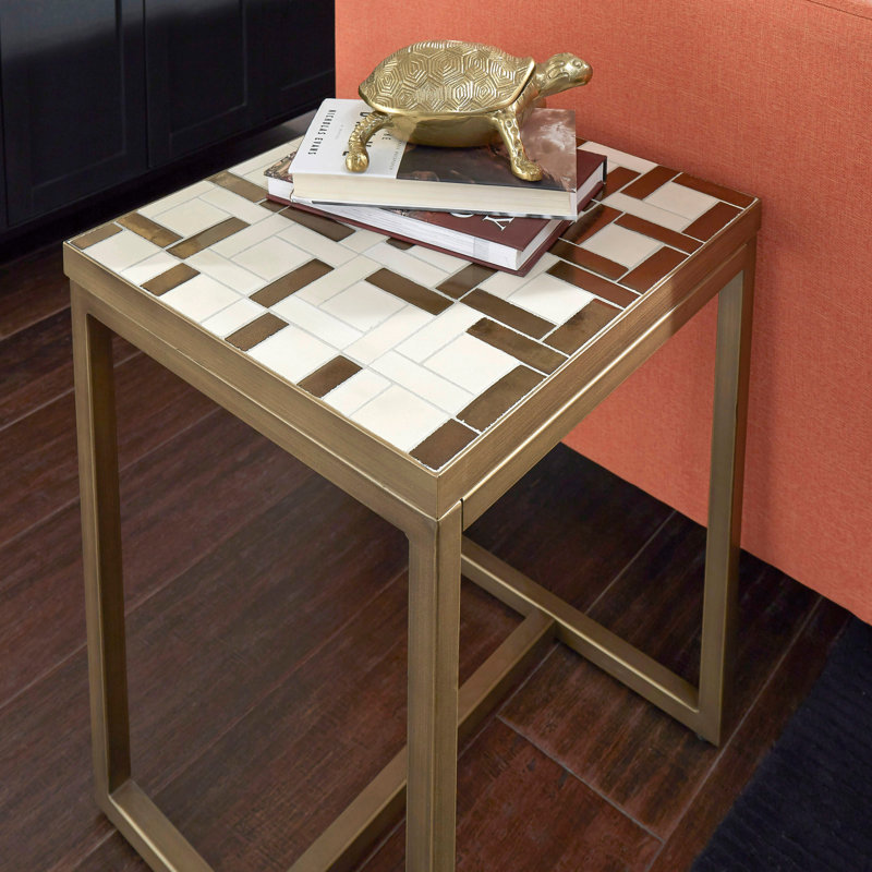 Contemporary Geometric 25.5" Cream & Gold Mosaic End Table