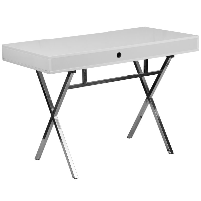 Sleek White 44.25'' Computer Desk with Chrome X-Trestle Base and Keyboard Tray