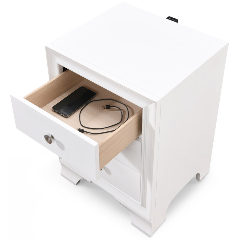Edmond Traditional White 3-Drawer Nightstand with USB Charging