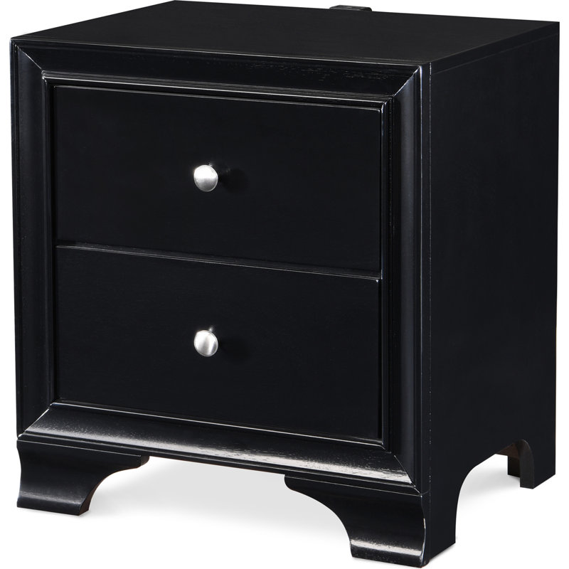 Black Wood 2-Drawer Nightstand with USB Ports