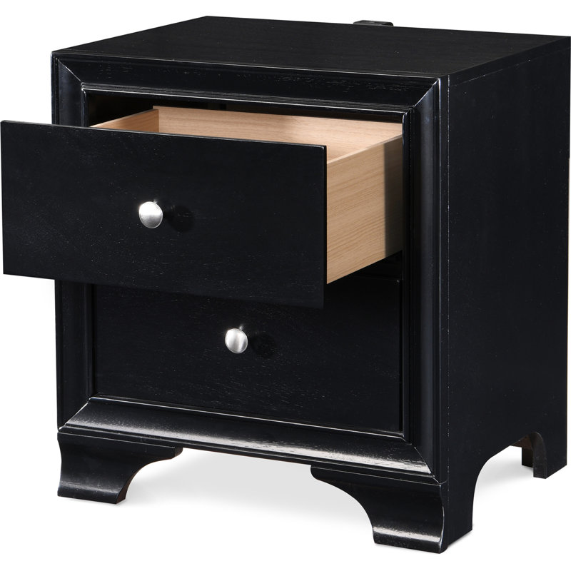 Black Wood 2-Drawer Nightstand with USB Ports