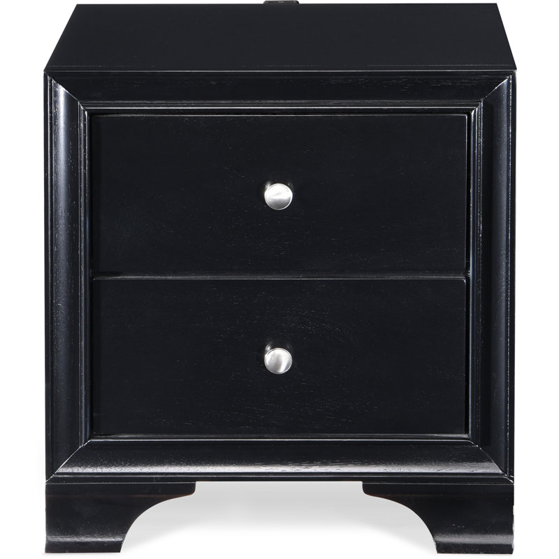 Black Wood 2-Drawer Nightstand with USB Ports