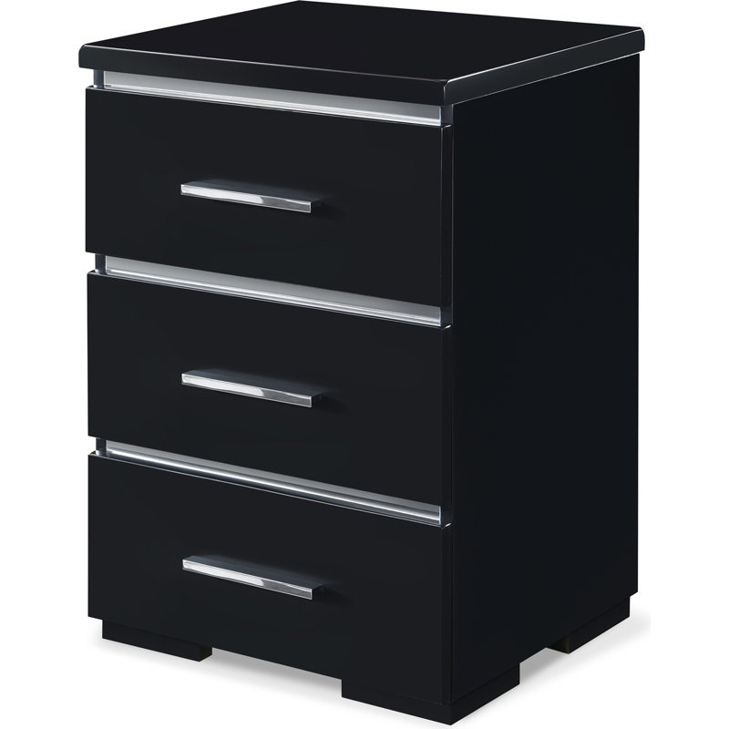 Belmont 3-Drawer Black Nightstand with Chrome Accents