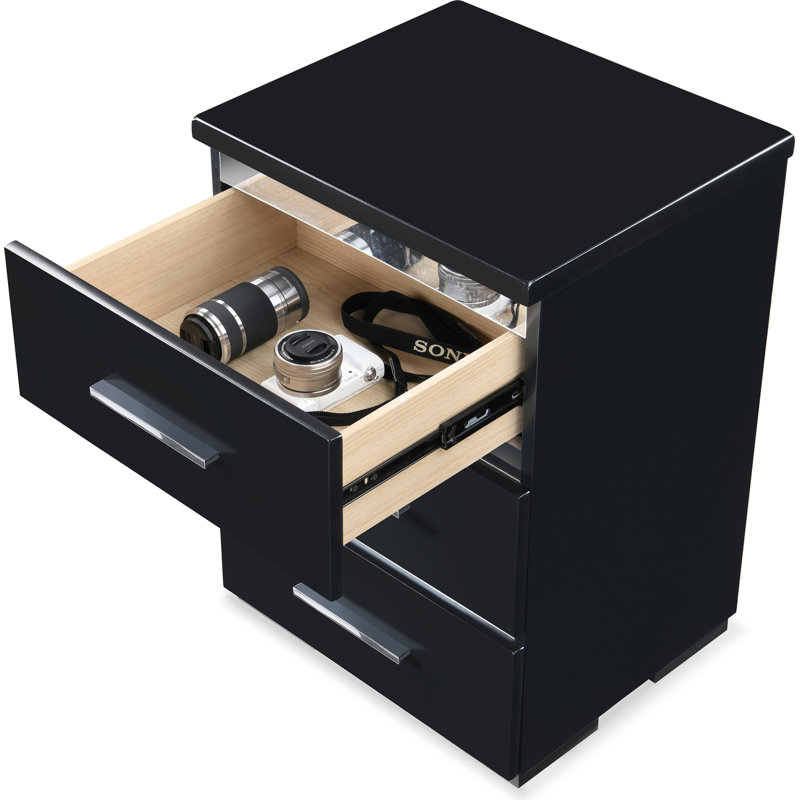 Belmont 3-Drawer Black Nightstand with Chrome Accents