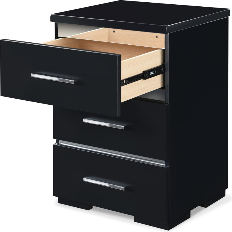 Belmont 3-Drawer Black Nightstand with Chrome Accents