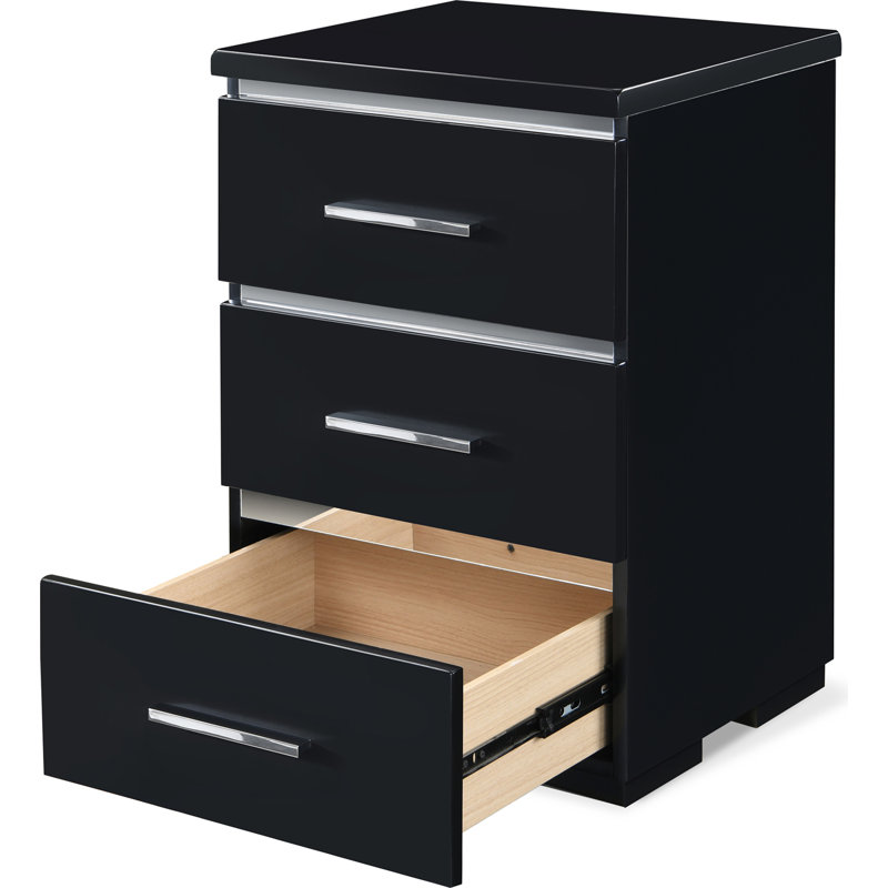 Belmont 3-Drawer Black Nightstand with Chrome Accents
