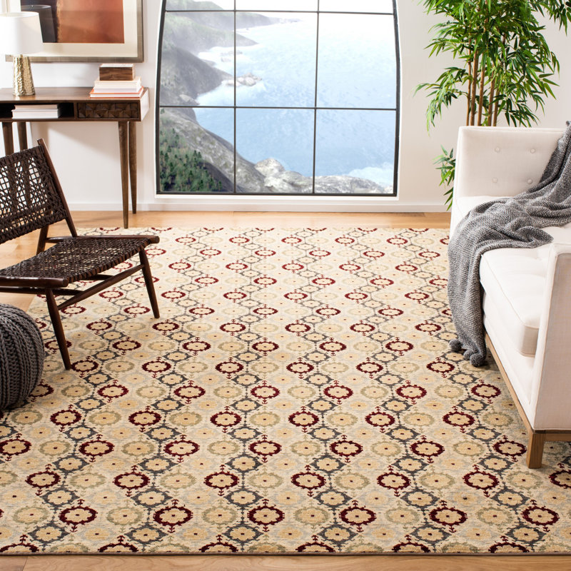 Ivory and Red Hand-Knotted Wool 6' x 9' Rug