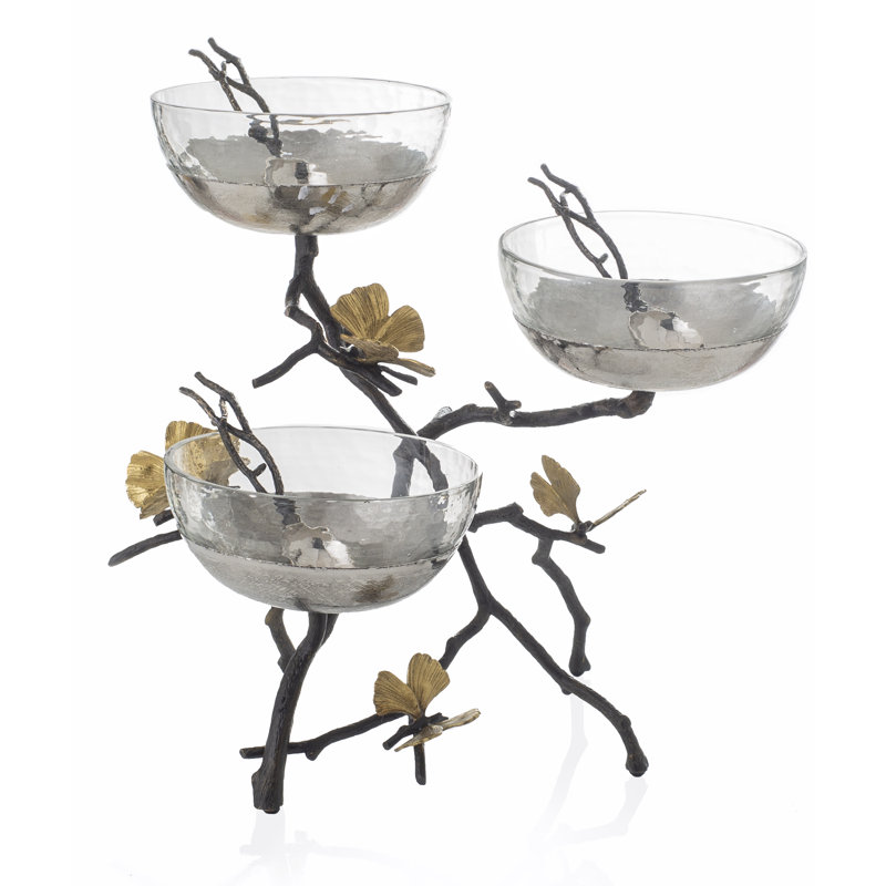 Silver and Bronze Triple Decorative Bowl Set with Ginkgo Design