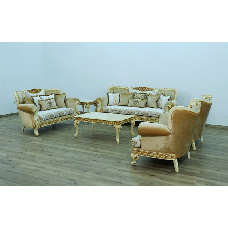 Fantasia 75'' Off-White Tufted Loveseat with Mahogany Frame
