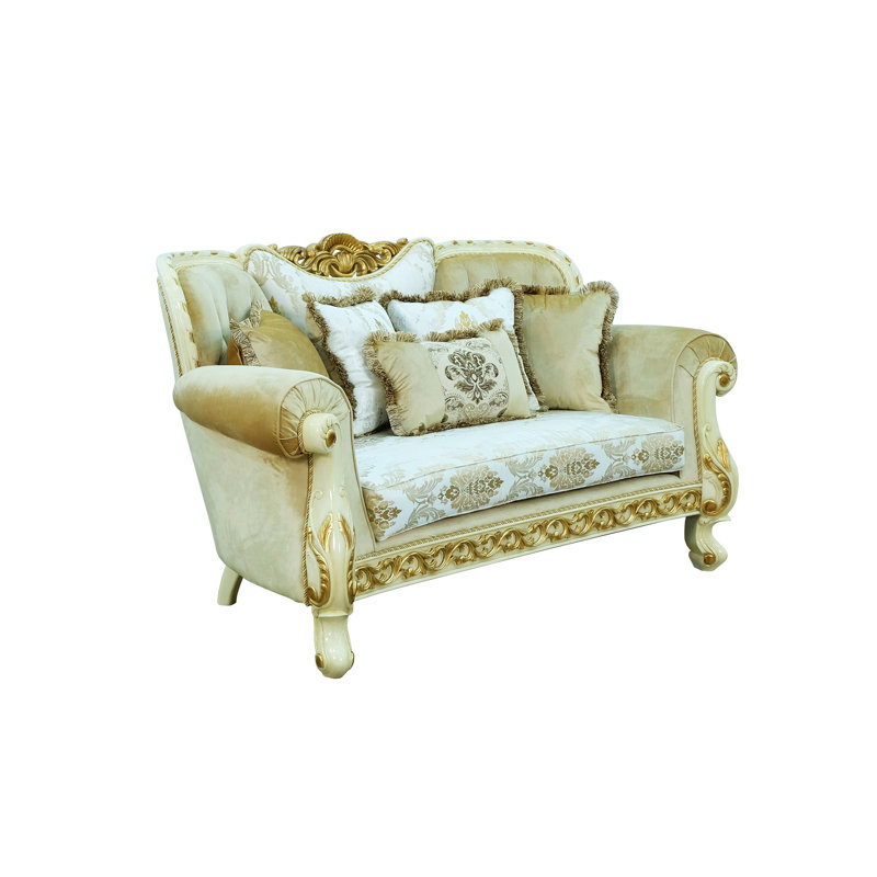 Fantasia 75'' Off-White Tufted Loveseat with Mahogany Frame