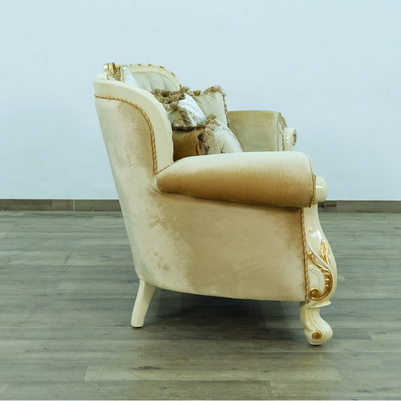 Fantasia 75'' Off-White Tufted Loveseat with Mahogany Frame