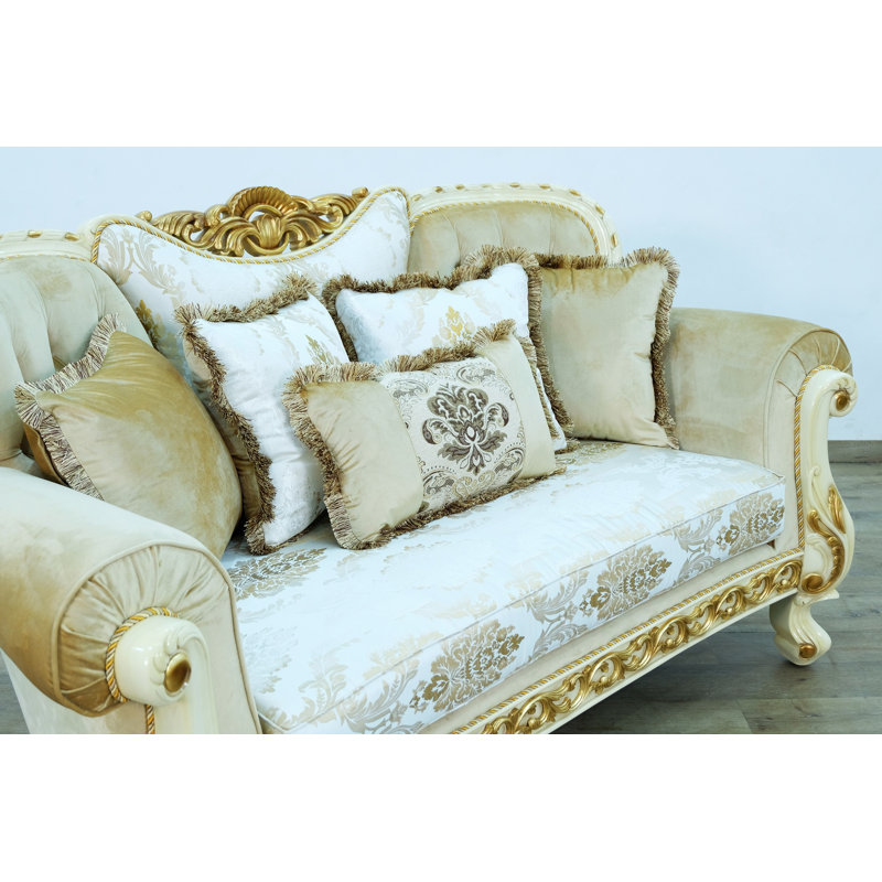 Fantasia 75'' Off-White Tufted Loveseat with Mahogany Frame