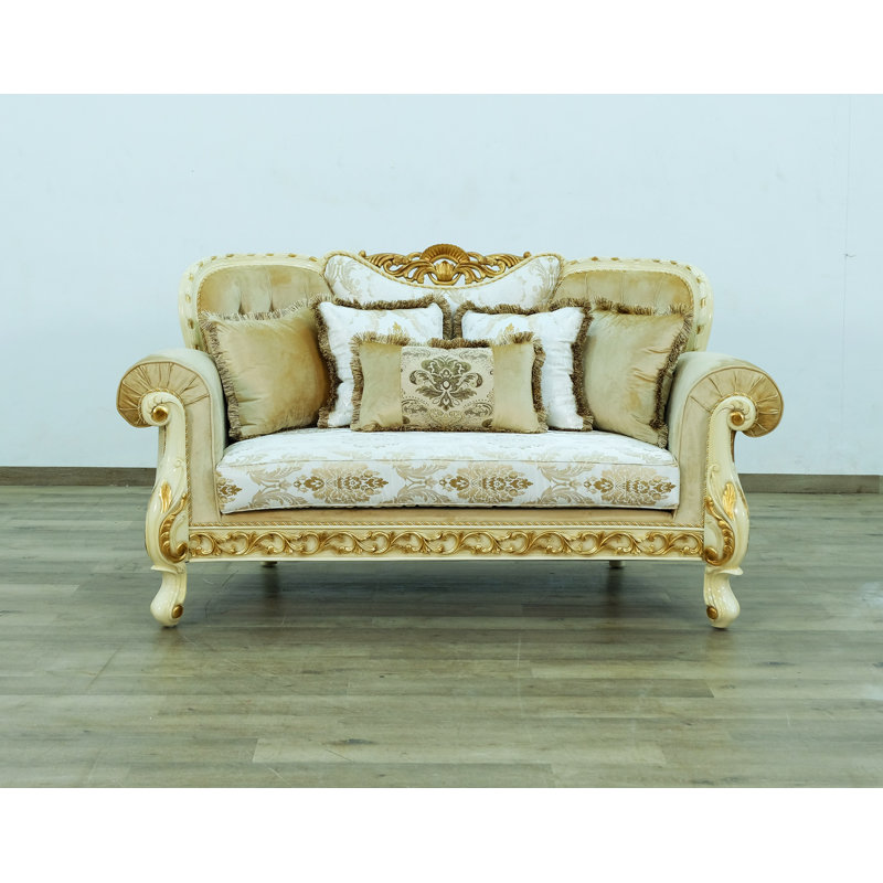 Fantasia 75'' Off-White Tufted Loveseat with Mahogany Frame