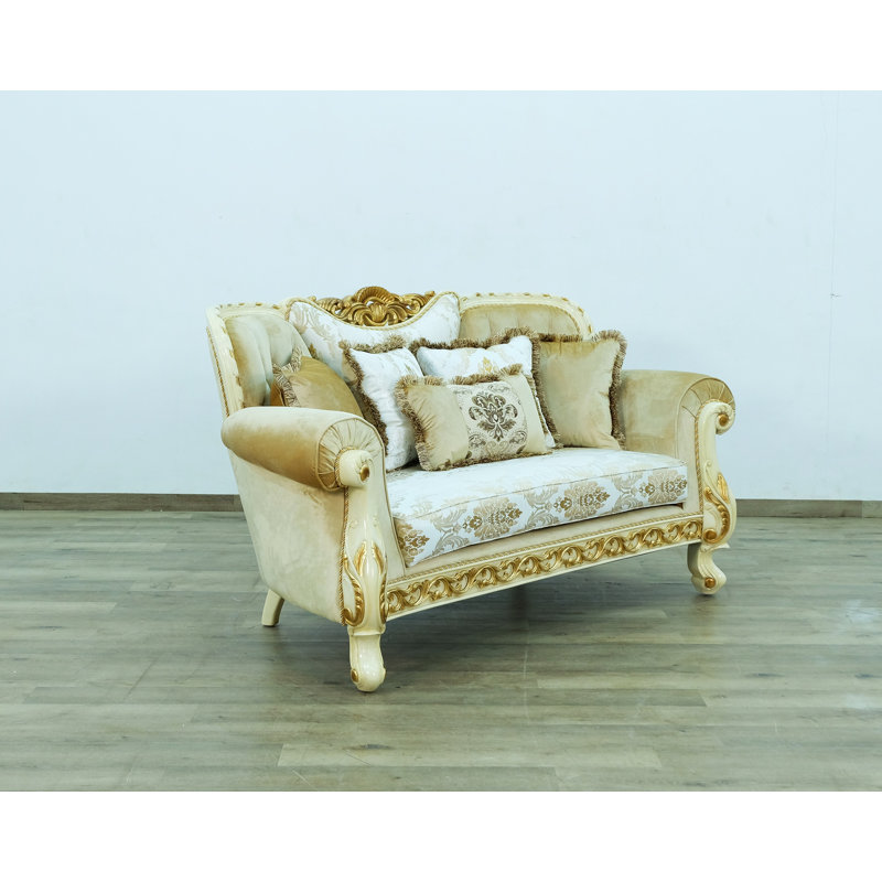 Fantasia 75'' Off-White Tufted Loveseat with Mahogany Frame