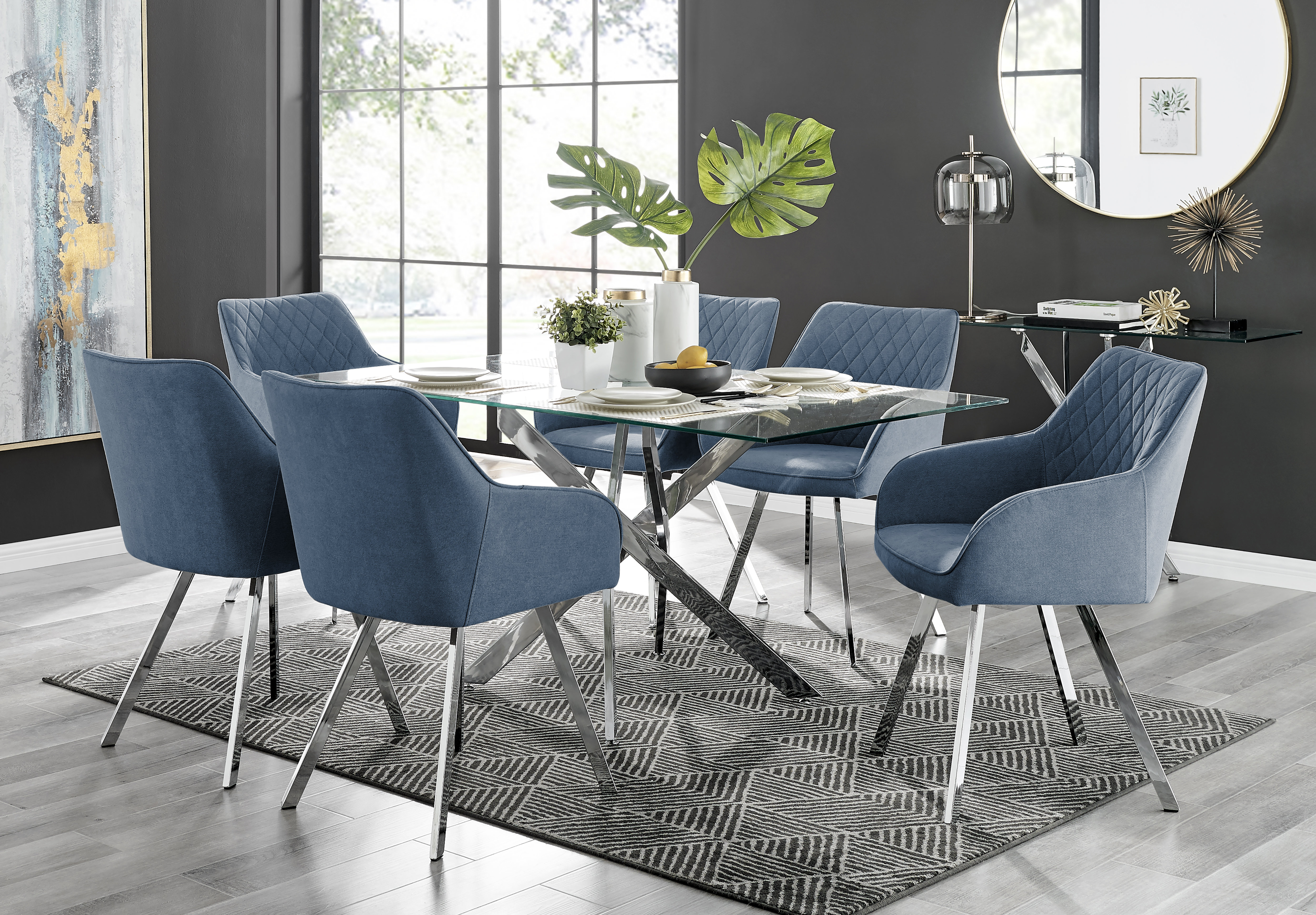 Canora Grey Lenworth Chrome and Glass Rectangular Dining Table Set with 6 Luxury Upholstered Fabric Chairs