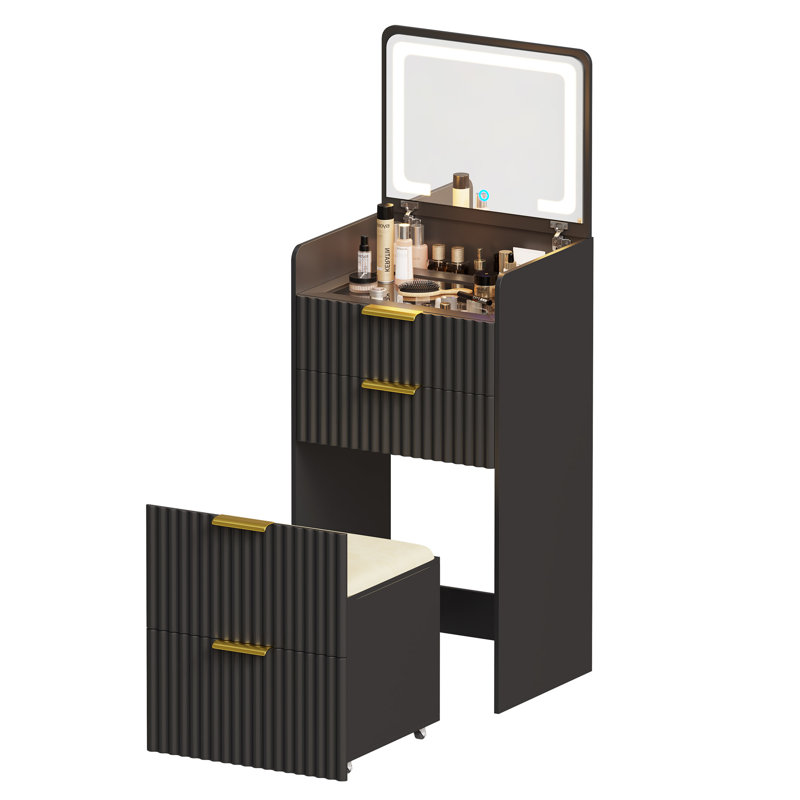 3-in-1 Dressing Table with Illuminated Mirror, Shadow Black