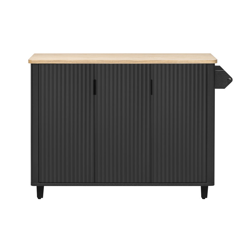 K&K 51" Fluted Kitchen Island with Drop Leaf, Farmhouse Cart in Black and Brown