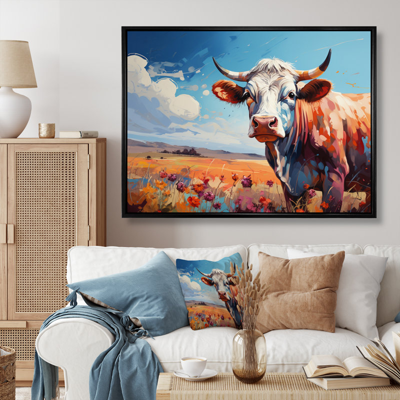 Vache, campagne, palette III - impression, Cadre flottant noir, H 34 po x l 44 po x P 1,5 po