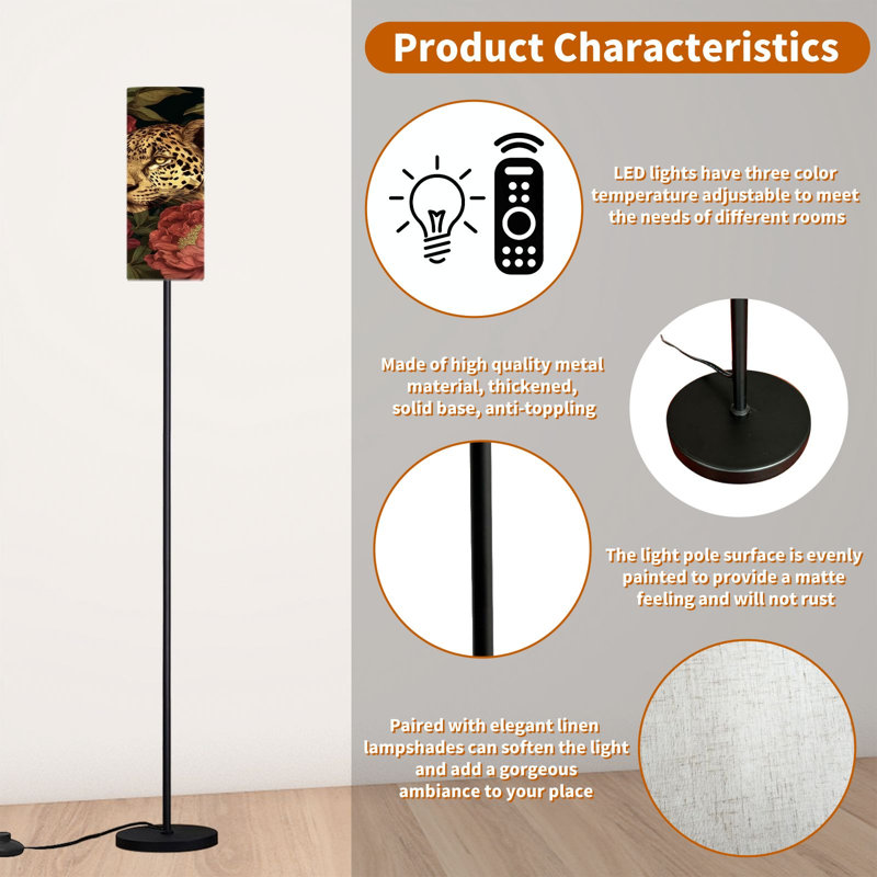  68.5" Standing Floor Lamp Seamless floral Leopard peonies Dimmable Metal Pole Lamp with Linen Lampshade LED Bulb Included