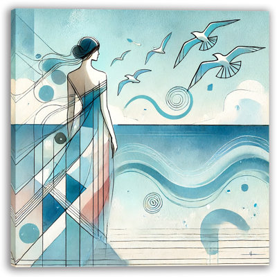 " Contemplative Gaze: Woman With Seagulls Wrapped Canvas Wall Art "