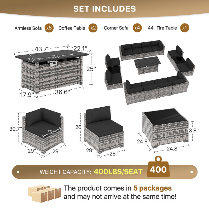 Melisandra Wicker 12 - Person Seating Group with Cushions and Fire Pit, Patio Sectional Conversation Set, Black, Gray
