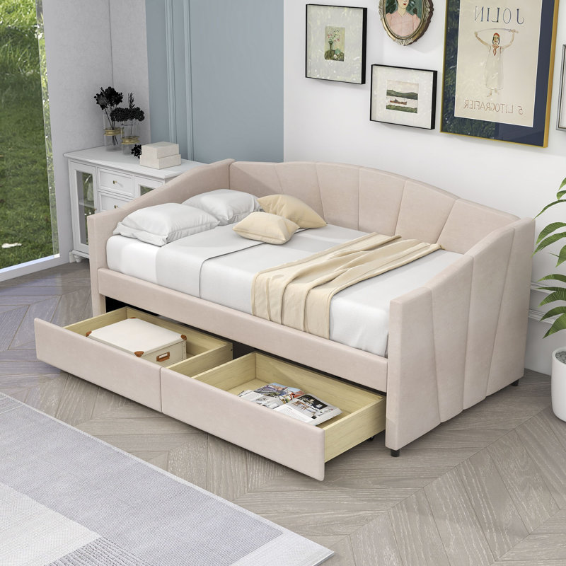 Dezden Twin Size 2 Drawers Upholstered Daybed, Beige