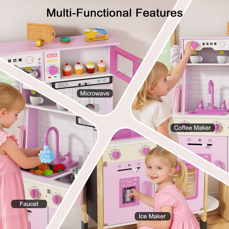 Kids Wooden Kitchen Playset, Height-Adjustable Pretend Play Stove W/ Lights & Sounds, Bpa-Free Montessori Kitchen W/ 30+ Play Food Accessories, Ages 3–7