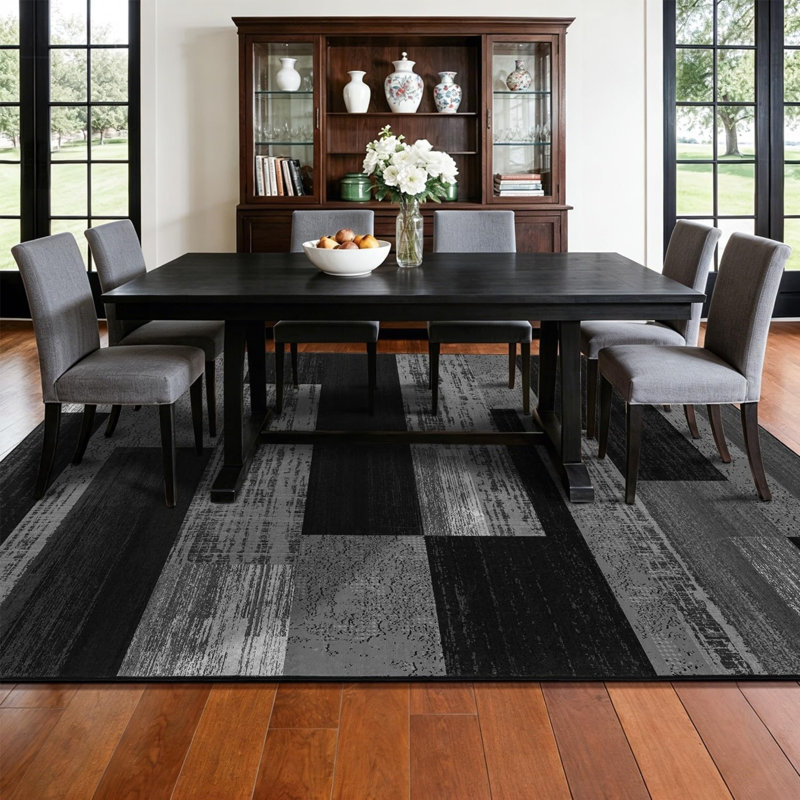 Black Gray Geometric Block Rug 5' x 7' for Entryway, Black Gray