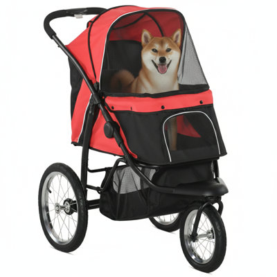 Poussette pour animaux de compagnie convenant aux canines et félins de taille compacte à moyenne, équipée de trois grandes roues, de conception pliable, d'un auvent réglable, d'une laisse de sécurité et d'un compartiment de rangement sous le lit, rouge