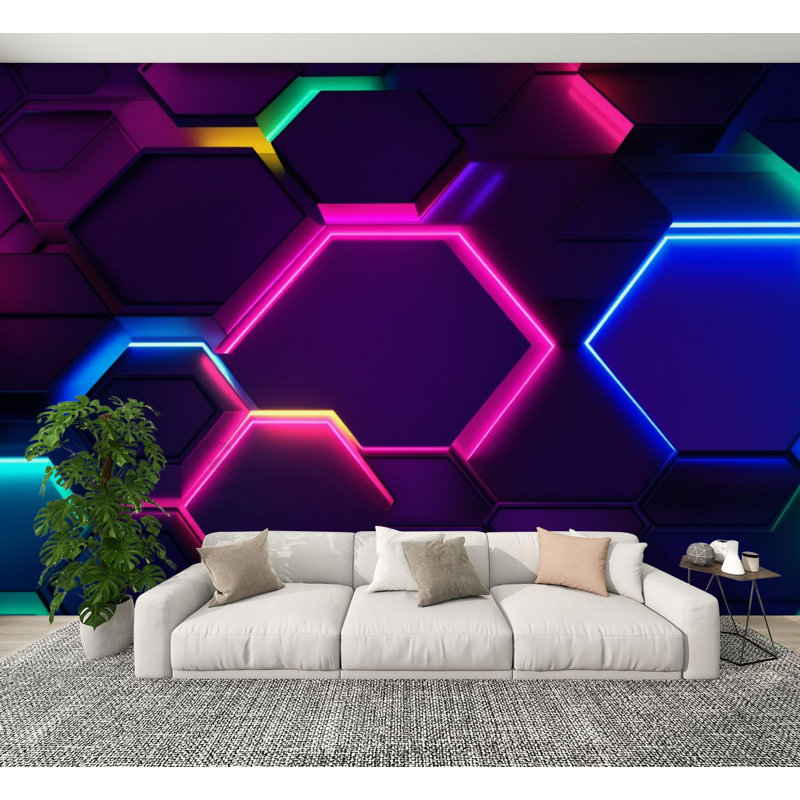 Papier peint adhésif néon Neon Hexagon, L 144 po x l 100 po