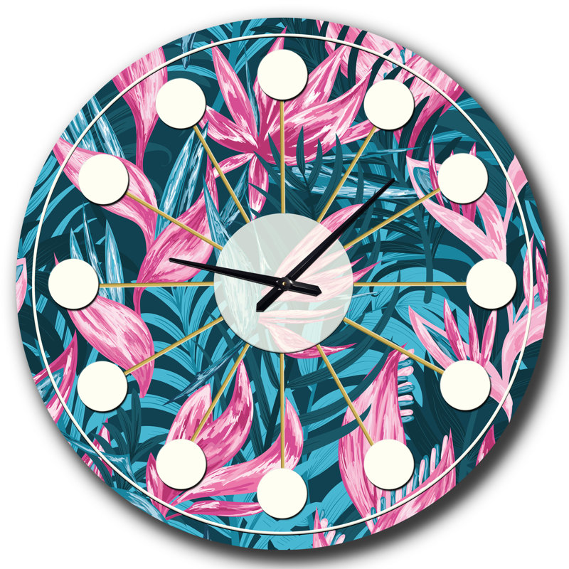 Fleurs tropicales dessinées à la main - horloge murale moderne Mid-Century, Petit