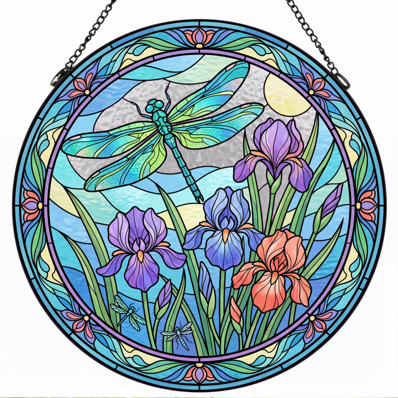 Dragonfly Iris Stained Glass Window Panel，7.8H, 7.8"H