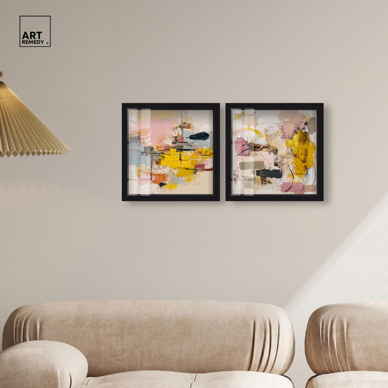 Expressive Canvas Duo Shadowbox Print Beige Wall Decor Set by Art Remedy, Black Frame, 12 x 12, 13" H x 13" W