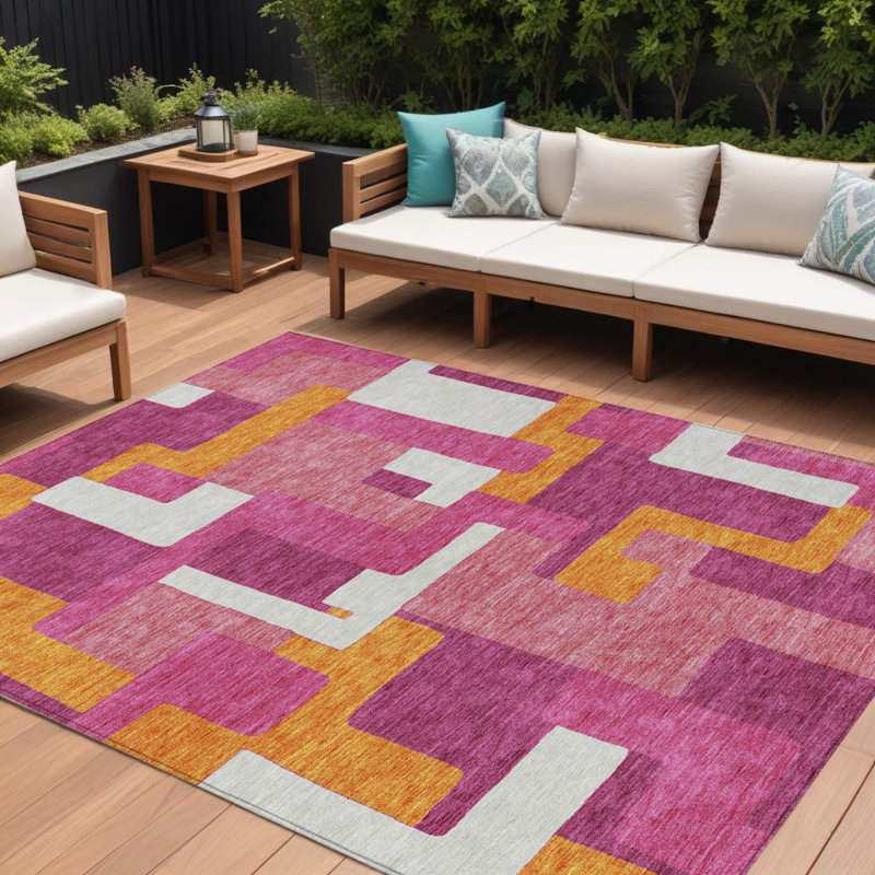 9' X 12' Pink Ivory Geometric Washable Indoor Outdoor Area Rug