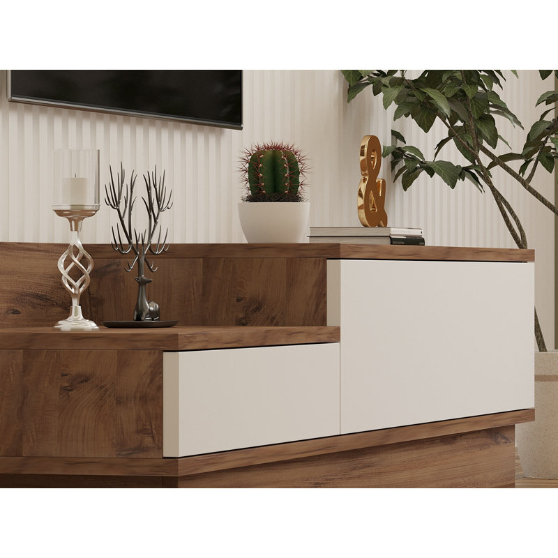 Modern TV Stand with Multiple Shelves, Atlantic Pine & White, 63.0 x 13.8 x 13.8 inches | 100% Melamine Coated Particle Board, Thickness: 0.7 inches | Stylish Design for Additional Storage in Living Room or Entertainment Area