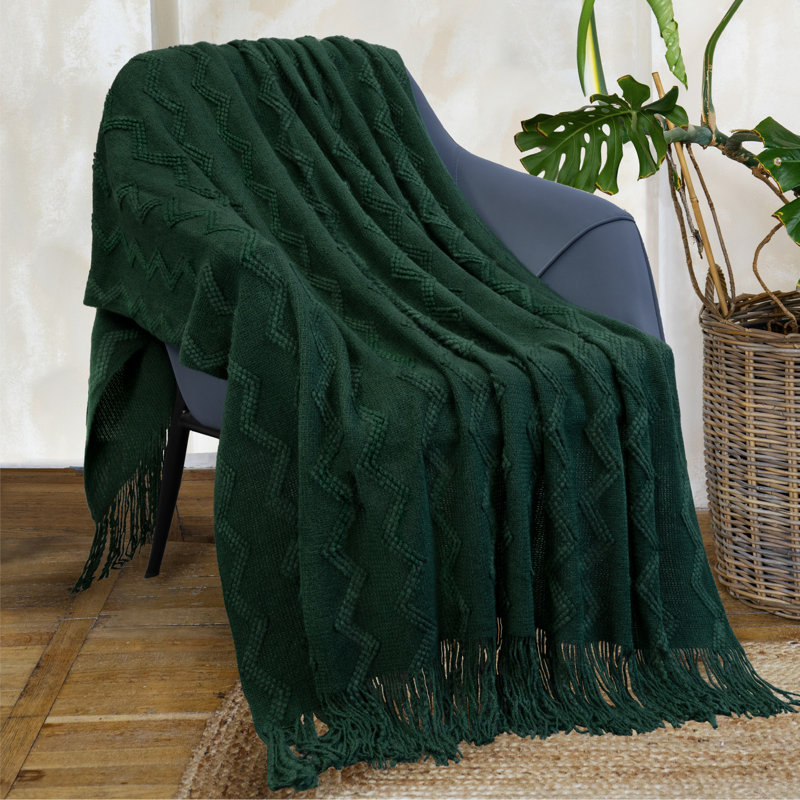 Emerald Green Twin Knitted Fleece Throw Blanket with Fringe