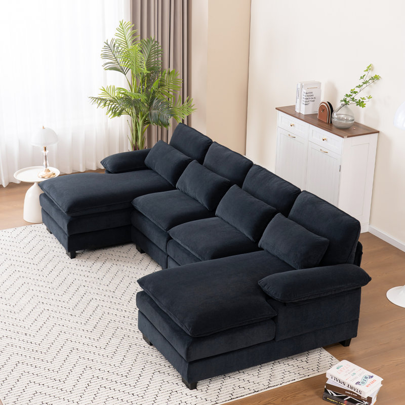Balendin 111.8'' Soft U-Shape Sectional Couch Upholstered Sofa, Comfy Modular Cloud Couch, Black Cloud Velvet