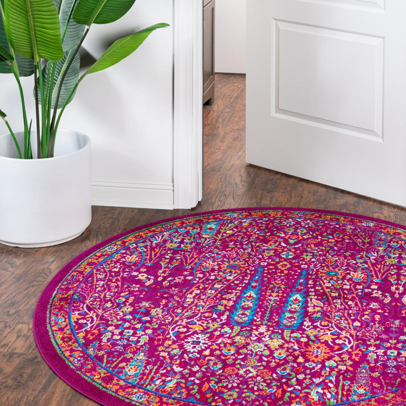 Tapis rond rose en polypropylène tissé à la machine Kleinschmidt, Rond 5 pi 3 po
