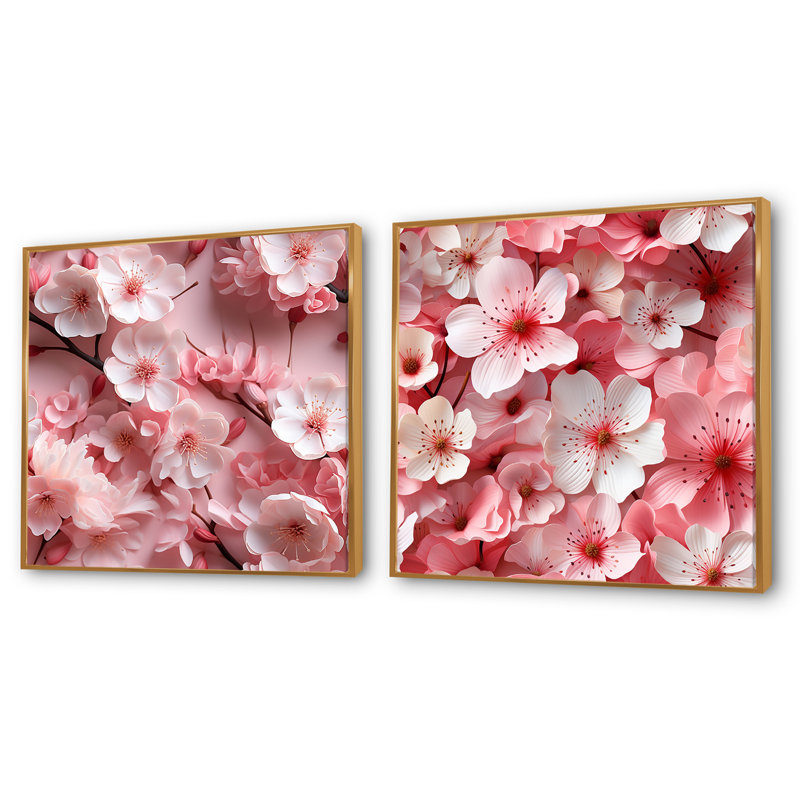 Rose Sakura Blossoms Floral IV - ensemble de 2 collages floraux carrés, Cadre flottant doré, H 30 po x l 61 po