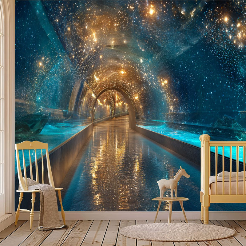 Papier peint adhésif pelez et collez, tunnel de l'océan mystique, étoiles brillantes, eau claire, art mural auto-adhésif et amovible
