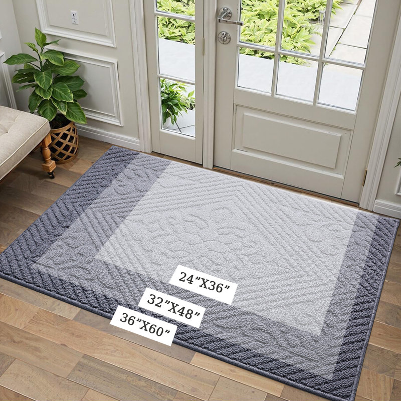 Large Floral Indoor Outdoor Doormat,Machine Washable Low Profile Non-Slip Rug for Front Back Door,Entry, Gray, 24" W x 36" L