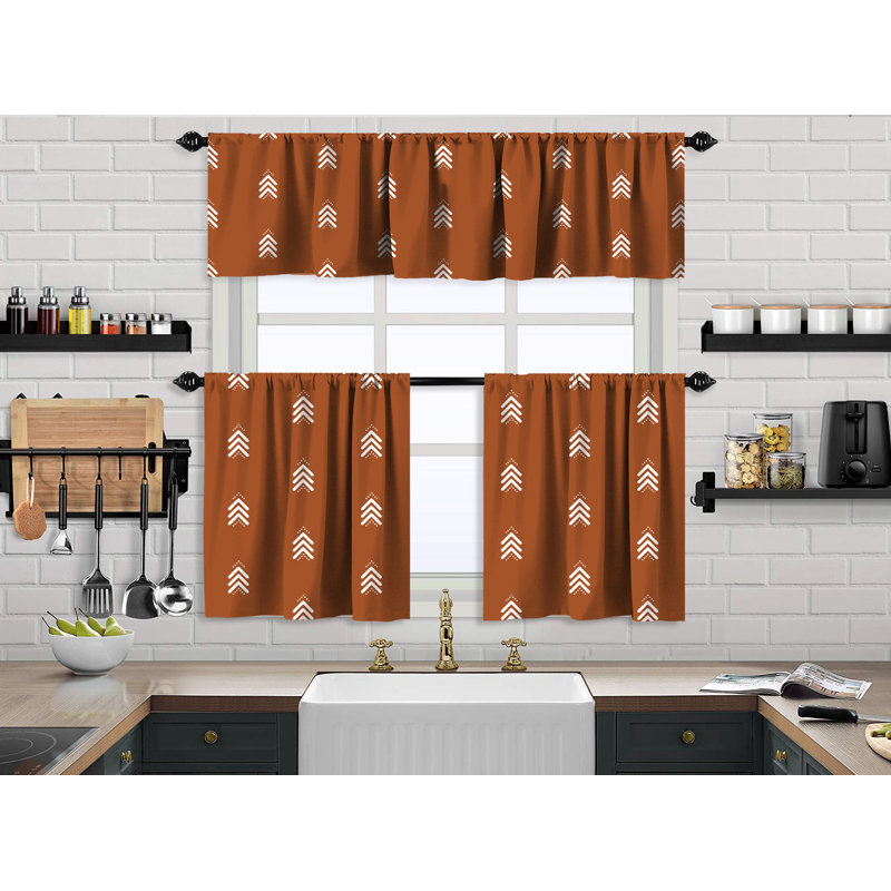 Boho Design Kitchen Valance and 2 Tiers Curtain, African Mud, Valances Tiers Cafe Curtains, Brick, 24" W x 24" L