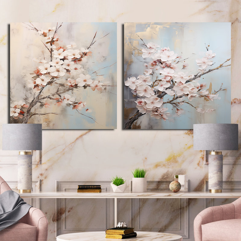 Minimalisme - Ensemble de 2 cerisiers en fleurs roses et blanches, H 16 po x l 33 po, Toile tendue