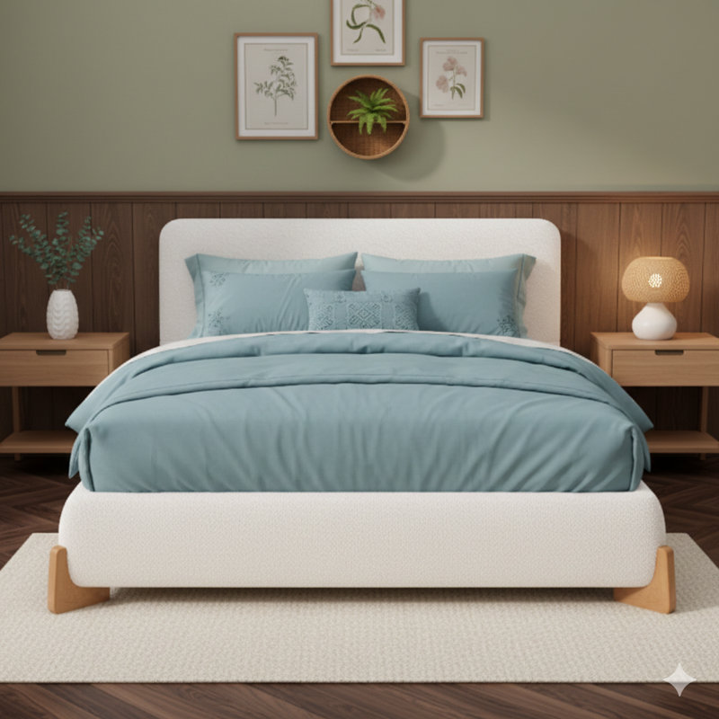 Élégant lit double capitonné Boucle, un centre de chambre luxueux et confortable, en blanc.