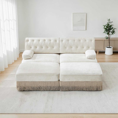 Causeuse modulaire en velours l 76,6 po Geneveve avec 2 repose-pieds, conception capitonnée, jupe à franges