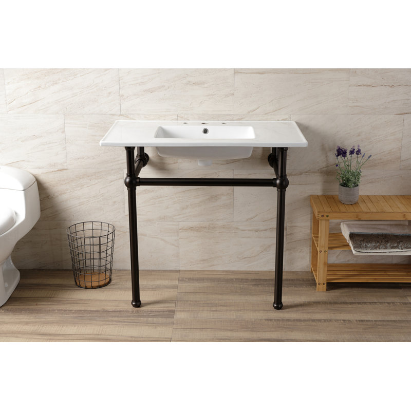 Kingston Brass Templeton 37-Inch Ceramic Console Sink with Brass Legs (8-Inch, 3-Hole), White/Oil Rubbed Bronze
