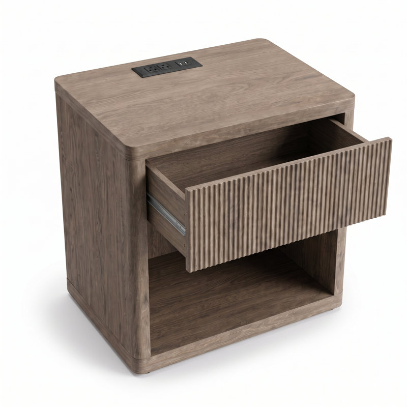 Table de chevet cannelée moderne avec station de charge et rangement intégrés, Greige