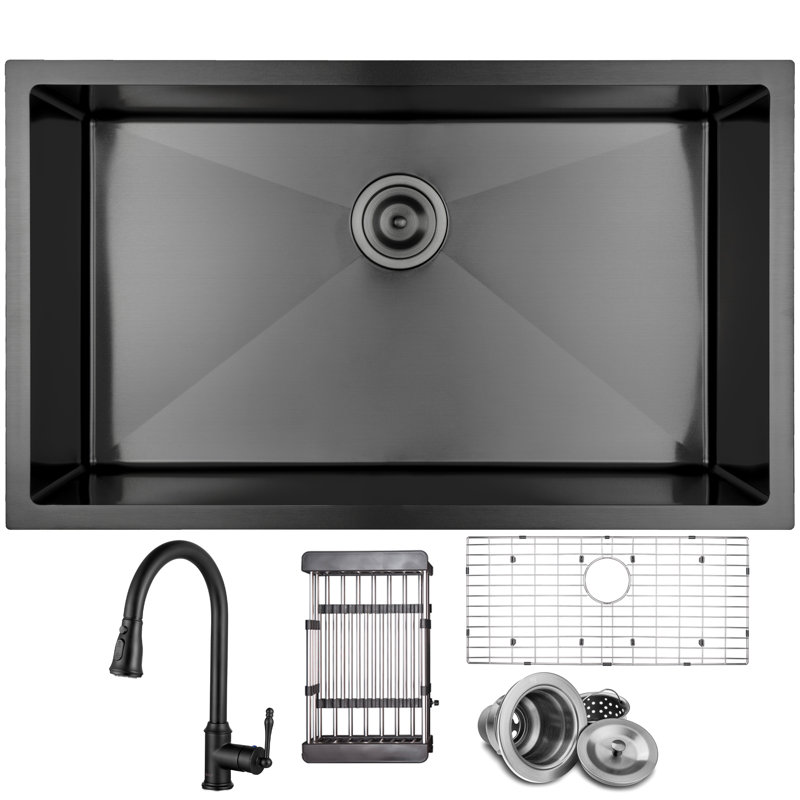 Évier de cuisine à simple cuve en acier inoxydable noir mat avec robinet encastrable 32 po x 18 po Undermount